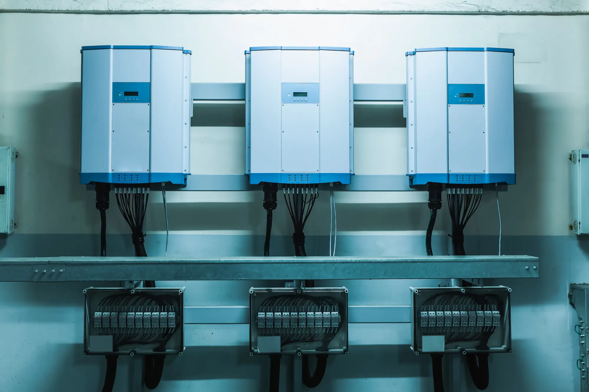 Drei Batteriespeicher für die Notstromversorgung mittels Photovoltaikanlagen.